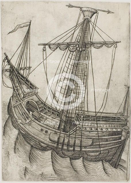 Ship with Sails Furled and Arrow Pointing to the Right, 1475/85. Creator: Master W. with the Key.