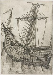 Ship with Sails Furled and Arrow Pointing to the Right, 1475/85. Creator: Master W. with the Key