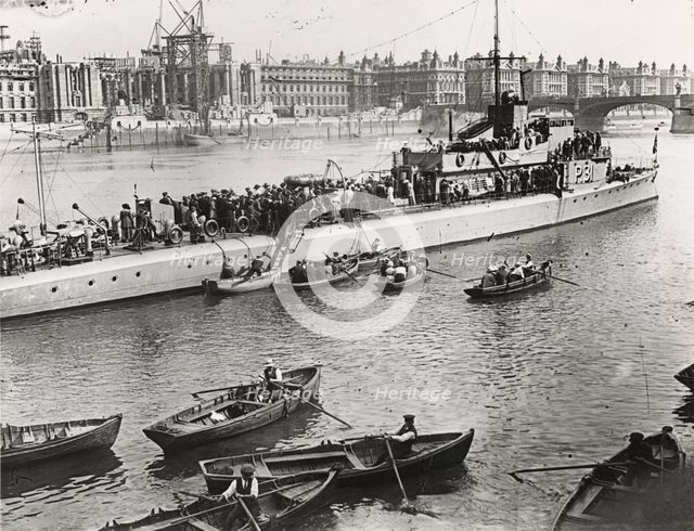 Ship and boats on the River Thames, London, c1913. Artist: Unknown