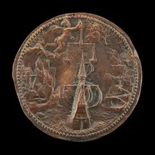 Ship, and Putto Holding Scales [reverse], 1574. Creator: Jacob Zagar