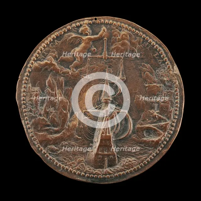 Ship, and Putto Holding Scales [reverse], 1574. Creator: Jacob Zagar.