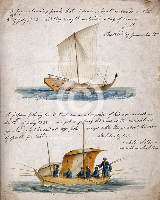 Ship-building: two types of Japanese boat, 1833. Creator: James Smith.