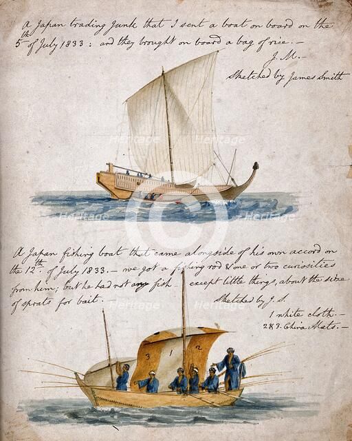 Ship-building: two types of Japanese boat, 1833. Creator: James Smith.