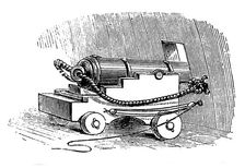 Ship cannon on gun carriage, Wood engraving, 1884