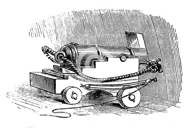 Ship cannon on gun carriage, Wood engraving, 1884. Artist: Unknown