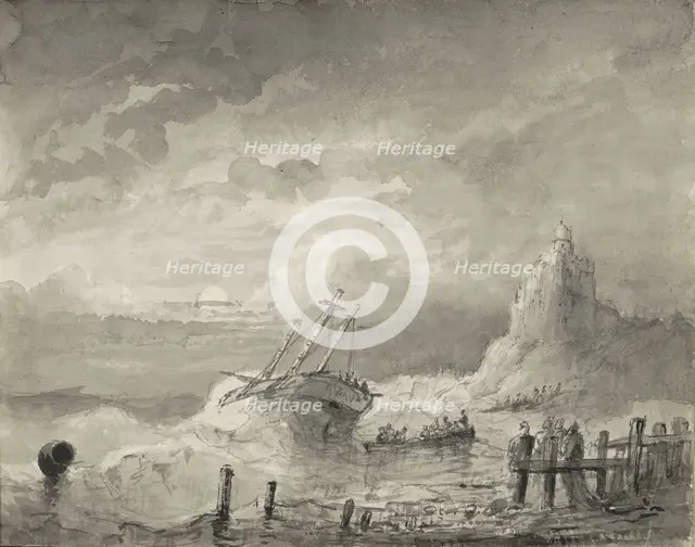 Ship in distress off the coast, c.1825-c.1875. Creator: Circle of Petrus Johannes Schotel.