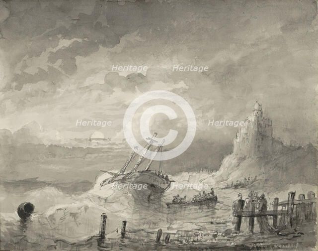 Ship in distress off the coast, c.1825-c.1875. Creator: Circle of Petrus Johannes Schotel.