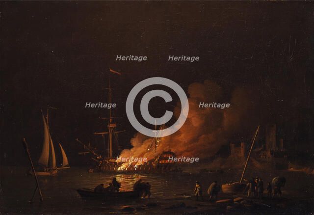 Ship on fire at night, ca 1756. Artist: Brooking, Charles (1723-1759)