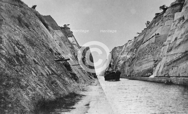 Ship passing through the Corinth Canal, Greece, late 19th or 20th century. Artist: Unknown