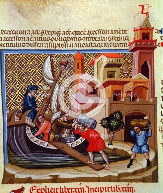 Shipment of goods on a boat, Miniature in 'Codex Justinian Institutiones Feodorum et Alia', illum…