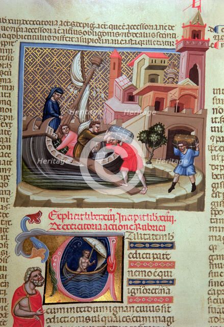 Shipment of goods on a boat and illuminated initial letter with a sailor in a boat, miniature in …