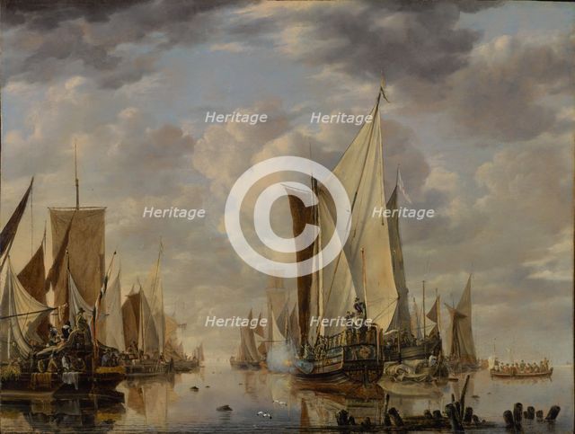 Shipping in a Calm at Flushing with a States General Yacht Firing a Salute, 1649. Creator: Jan van de Cappelle.