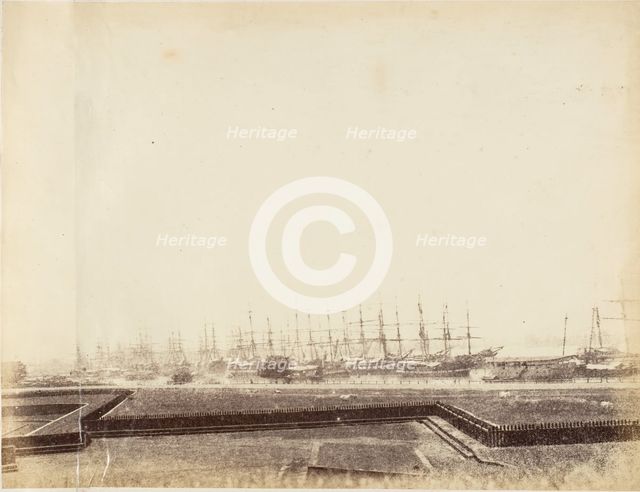 [Shipping in the Hooghly near Fort, Calcutta], 1850s. Creator: Captain R. B. Hill.