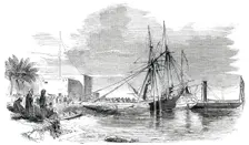 Shipping the Great Bull from Nimroud, at Morghill, on the Euphrates, 1850. Creator: Unknown
