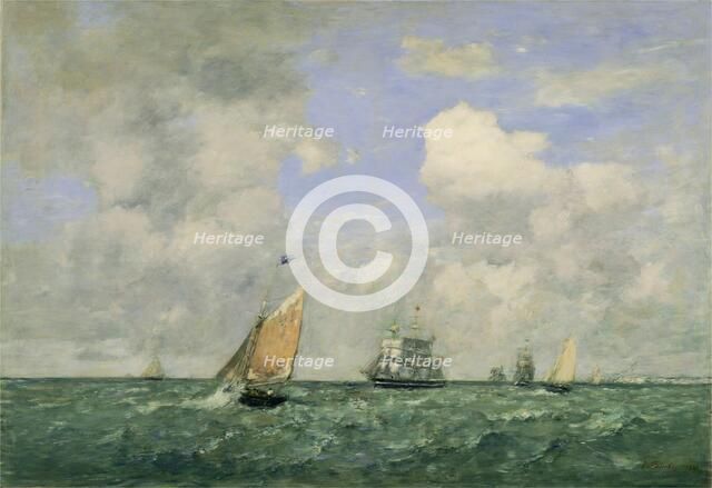Ships and Sailing Boats Leaving Le Havre, 1887. Creator: Eugene Louis Boudin.
