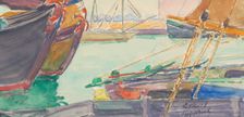 Ships in a channel, 1918. Creator: Maurice Guilbert