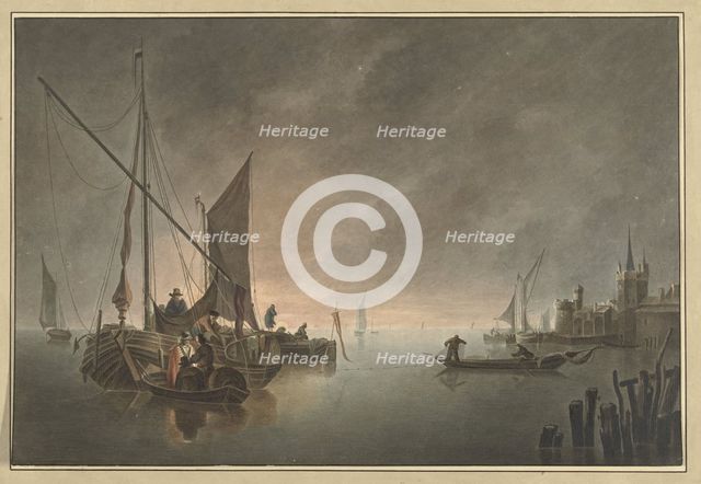 Ships in front of a walled city at sunset, 1730-1771. Creator: Jan Matthias Cok.