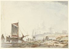 Ships on a river, near the bank, 1813-1856. Creator: Hendrik Gerrit ten Cate