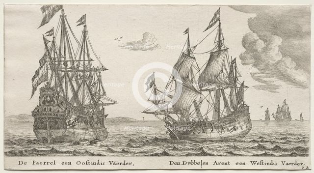 Ships of Amsterdam: The Pearl and East Indiaman, The Double Eagle, a West Indiaman. Creator: Reinier Nooms (Dutch, c. 1623-1667).