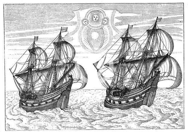 Ships of Willem Barents' expedition to the Arctic, 1596. Artist: Unknown