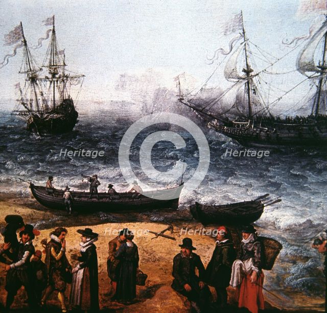 Ships of the Indian British Company ready to depart from a port, detail of an oil on wood by Adam…