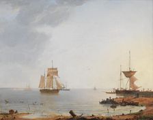 Ships Off the Coast of Zealand, Morning, 1845. Creator: Emanuel Larsen
