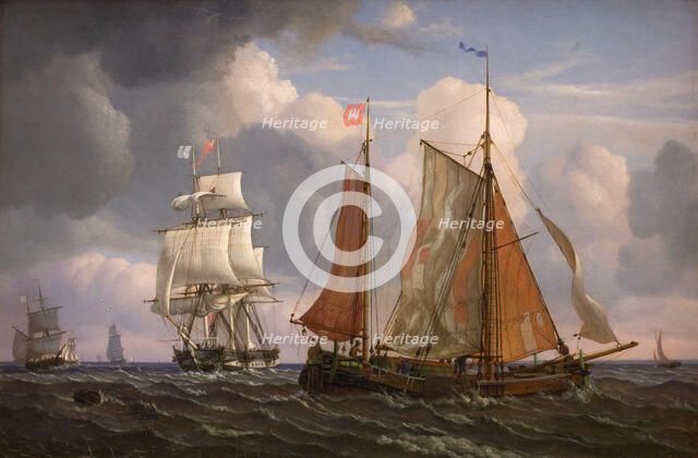 Ships Sailing and Beating up against the Wind in the Sound, 1832. Creator: Adolph Friedrich Vollmer.