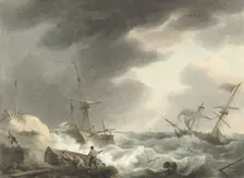 Shipwreck of two ships, one of which is under American flag, on a dune coast, 1780-1848. Creator: Martinus Schouman