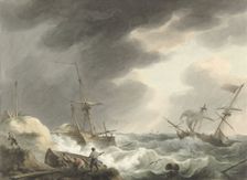 Shipwreck of two ships, one of which is under American flag, on a dune coast, 1780-1848. Creator: Martinus Schouman