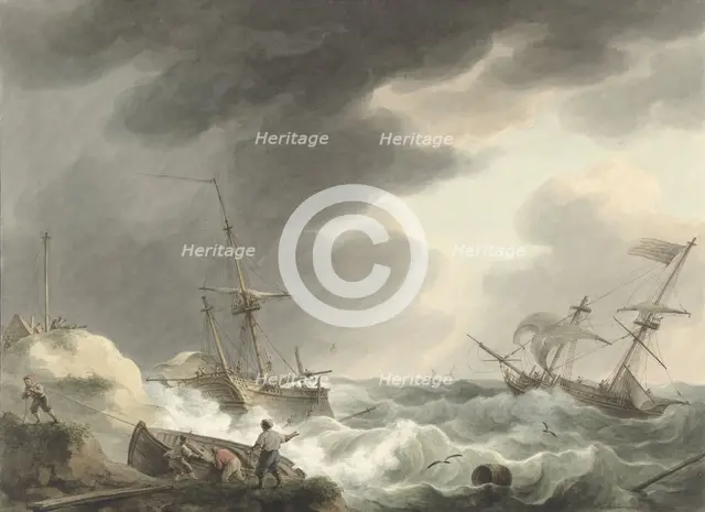 Shipwreck of two ships, one of which is under American flag, on a dune coast, 1780-1848. Creator: Martinus Schouman.