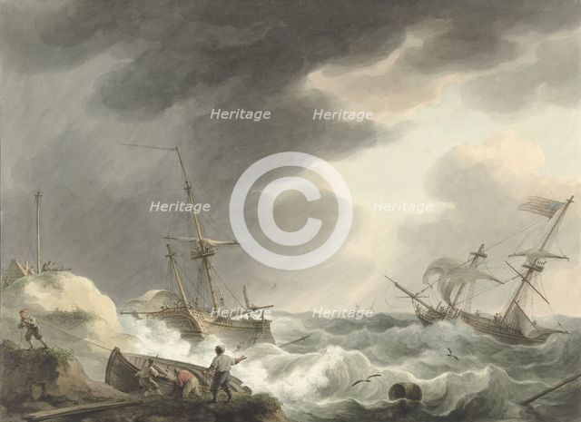 Shipwreck of two ships, one of which is under American flag, on a dune coast, 1780-1848. Creator: Martinus Schouman.