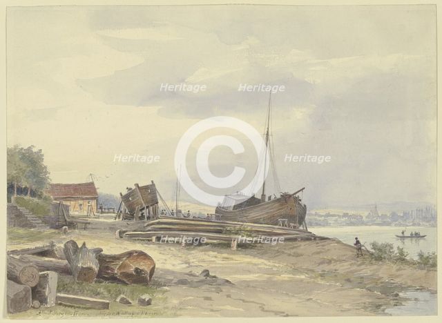 Shipyard on the Rhine bank near Niederwalluf, c1880-1900. Creator: Ernst Morgenstern.