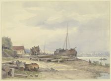 Shipyard on the Rhine bank near Niederwalluf, c1880-1900. Creator: Ernst Morgenstern