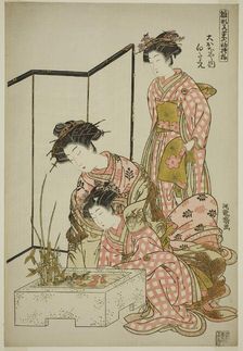 Shirotae of the Okanaya, from the series "Models for Fashion: New Designs as Fresh..., c 1777/78. Creator: Isoda Koryusai