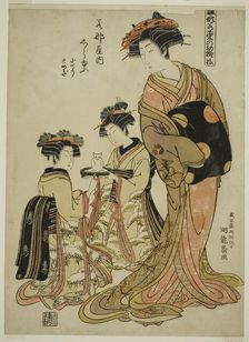 Shirayu of the Wakanaya, from the series "Models for Fashion: New Designs as..., c1778/80. Creator: Isoda Koryusai