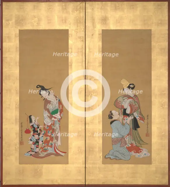 Shirabyoshi Dancer and Female Servant; Courtesan and Girl Attendant , mid-18th century. Creator: Tsukioka Masanobu.