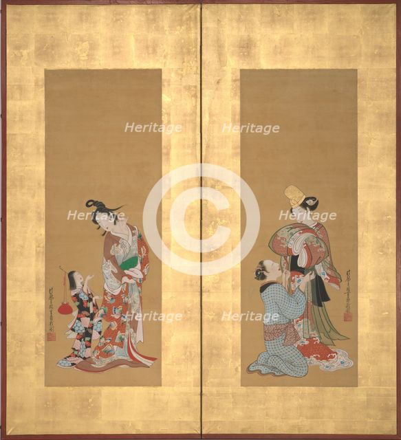 Shirabyoshi Dancer and Female Servant; Courtesan and Girl Attendant , mid-18th century. Creator: Tsukioka Masanobu.