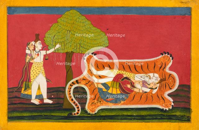 Shiva and Parvati on a tiger skin: Anakul Nayaka folio from a Rasamanjari, ca. 1710 - ca. 1715. Creator: Golu.