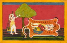 Shiva and Parvati on a tiger skin: Anakul Nayaka folio from a Rasamanjari, ca. 1710 - ca. 1715. Creator: Golu