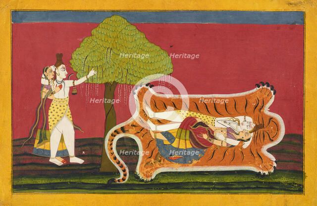 Shiva and Parvati on a tiger skin: Anakul Nayaka folio from a Rasamanjari, ca. 1710 - ca. 1715. Creator: Golu.