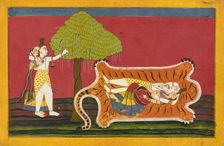 Shiva and Parvati on a tiger skin: Anakul Nayaka folio from a Rasamanjari, ca. 1710 - ca. 1715. Creator: Golu