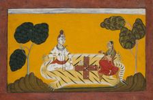 Shiva and Parvati Playing Chaupar: Folio from a Rasamanjari Series, dated 1694-95. Creator: Devidasa of Nurpur