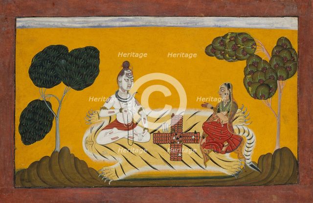 Shiva and Parvati Playing Chaupar: Folio from a Rasamanjari Series, dated 1694-95. Creator: Devidasa of Nurpur.