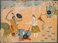 Shiva Intercedes for Vanasura: Scene from the Aniruddha Usha Section of Krishna Lila, c. 1840. Creator: Unknown