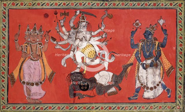 Shiva Performing the Dance of Bliss while Vishnu and Brahma Provide Musical Accompaniment, c1760. Creator: Unknown.