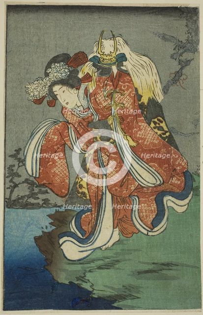 Shizuka Gozen, section of a sheet from the series "A Harimaze Mirror of Joruri...", 1854. Creator: Utagawa Kuniyoshi.