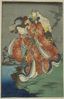 Shizuka Gozen, section of a sheet from the series "A Harimaze Mirror of Joruri...", 1854. Creator: Utagawa Kuniyoshi