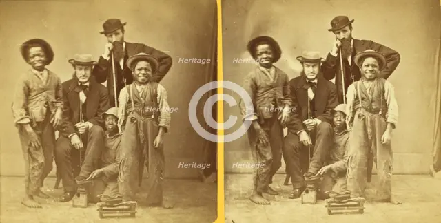 Shoe Blacks. [Studio portrait of three young shoe shiners and their customers], (1868-1900?). Creator: Unknown.