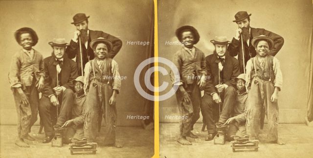 Shoe Blacks. [Studio portrait of three young shoe shiners and their customers], (1868-1900?). Creator: Unknown.