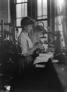 Shoe factories, Lynn, Mass.: 2 women working in shoe factory, (1895?). Creator: Frances Benjamin Johnston